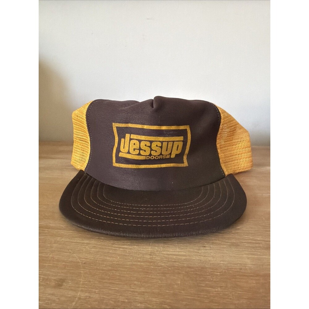 Jessup Doors Trucker Hat Hunting Outdoor Cap Vintage Brown Yellow USA